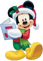 mickey mouse wearing a santa hat is holding a book with music notes on it