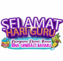 a sign that says " selamat hari guru " with a stack of books and a pencil