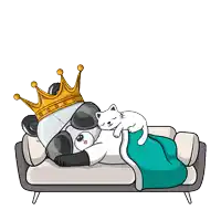 a panda bear wearing a crown is sleeping on a couch next to a white cat