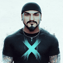 a man with a beard and mustache wears a black shirt with a blue x on it