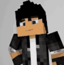 a minecraft character with black hair and blue eyes is wearing a black jacket .