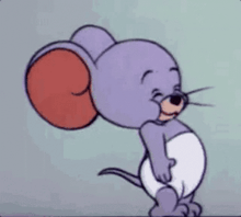 a purple cartoon mouse with a red tail is standing on a green background .