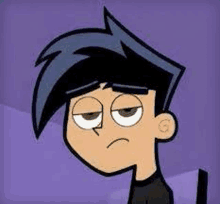 a cartoon character with black hair and a purple background is making a sad face .