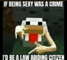 a chicken with a red tongue is giving a thumbs up in a minecraft meme .