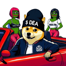 a doge wearing a $ dea hat is sitting in a car