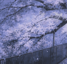 a painting of a tree with purple flowers and a fence