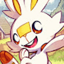 a close up of a cartoon rabbit with a yellow eye and a yellow stripe on its face .