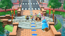 a group of cartoon characters are standing on a brick walkway in a video game called mario kart party