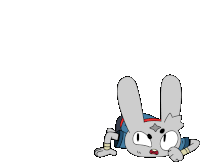 a cartoon rabbit is laying on its back on a white background and looking at the camera .