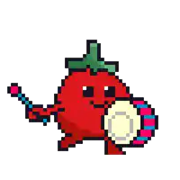 a pixel art illustration of a tomato holding a ball