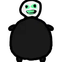 a cartoon drawing of a grim reaper with green eyes and teeth