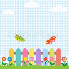 stock image of a fence with flowers and butterflies on a checkered background