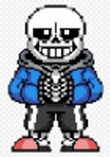 a pixel art drawing of sans from undertale standing with his arms crossed .