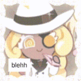 a picture of a cookie with the word blehh on the bottom