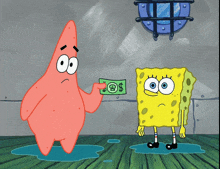 patrick and spongebob are standing next to each other with patrick holding a dollar bill