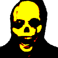 a yellow skull with a black background and a red nose