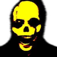 a yellow skull with a black background and a red nose