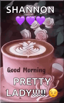a pink cup of coffee with purple hearts and the name shannon on it
