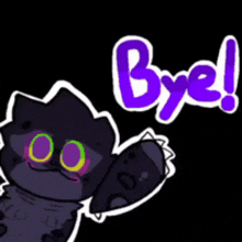 a black cat with green eyes is saying bye with a purple background