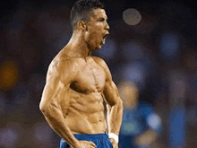 a shirtless soccer player is standing on a field .