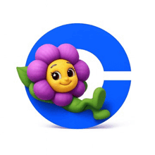 a purple flower with a yellow face is sitting on a blue letter c