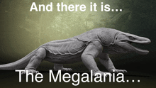 a poster with a lizard and the words " and there it is ... the megalania "