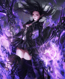 a woman with long black hair is surrounded by purple flames