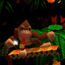 donkey kong is playing a video game while holding a light in his mouth .