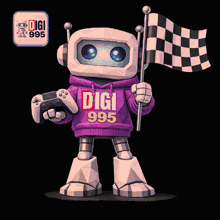 a robot wearing a digi 995 hoodie holds a game controller and checkered flag