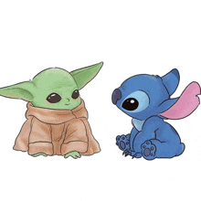 a baby yoda and a baby stitch sitting next to each other on a white background