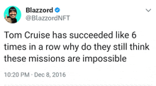 a tweet from blazzard about tom cruise giving a thumbs up