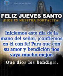 a poster that says feliz jueves santo with a picture of jesus on it