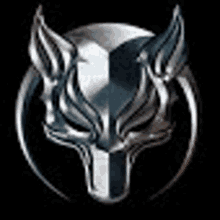 a silver fox head with wings is in a circle .