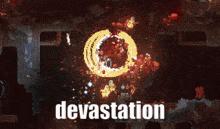 a red background with the word devastation in white