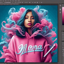 a woman is wearing a pink hoodie with the word mona on it .