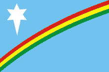 a blue background with a rainbow and a white star in the middle