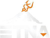 a logo for etna shows a person standing on top of a mountain .