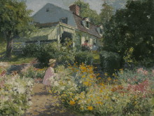 a painting of a girl walking through a garden