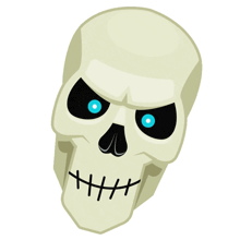 a cartoon skull with blue eyes and stitches on its mouth