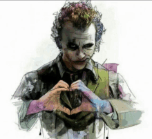 a colorful drawing of the joker making a heart shape with his hands