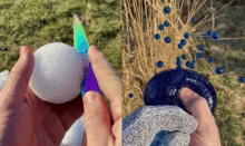 a person cutting a ball with a knife and a person holding a ball with blue balls coming out of it