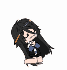 a girl with long black hair is kneeling down and crying with a pencil in her hair