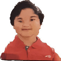 a young boy wearing a red polo shirt with a pizza hut logo on it