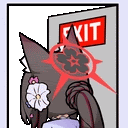 a cartoon cat is standing in front of an exit sign with a flower in its hair .