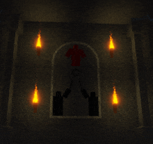 a dark room with candles and a statue with a red arrow pointing up