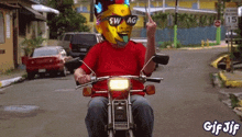 a man wearing a mask and sunglasses is riding a motorcycle down a city street .