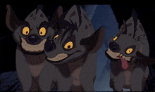 three cartoon hyenas with their tongues hanging out