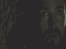 a close up of a man 's face with a beard looking at the camera in a black and white photo .
