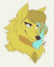 a drawing of a yellow wolf with blue hair and a tongue sticking out .