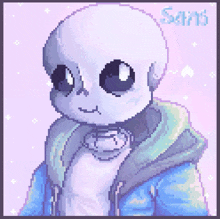 a pixel art drawing of sans with a blue jacket